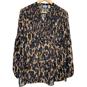 Chico's Size 0 US Small/4 Brown Blue Leopard Print Chiffon Blouse Long Sleeve